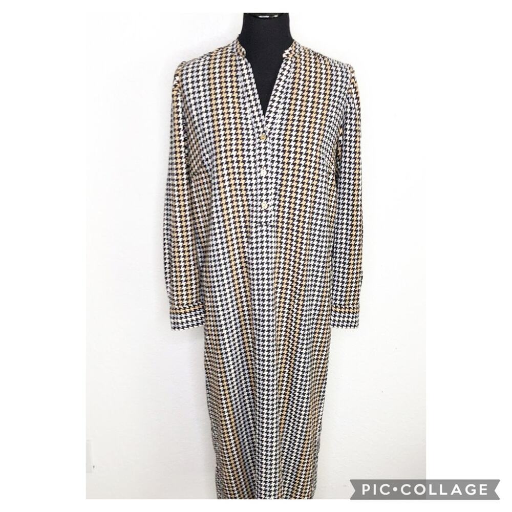 Ann Taylor‎ black white blue tan houndstooth midi dress size 6